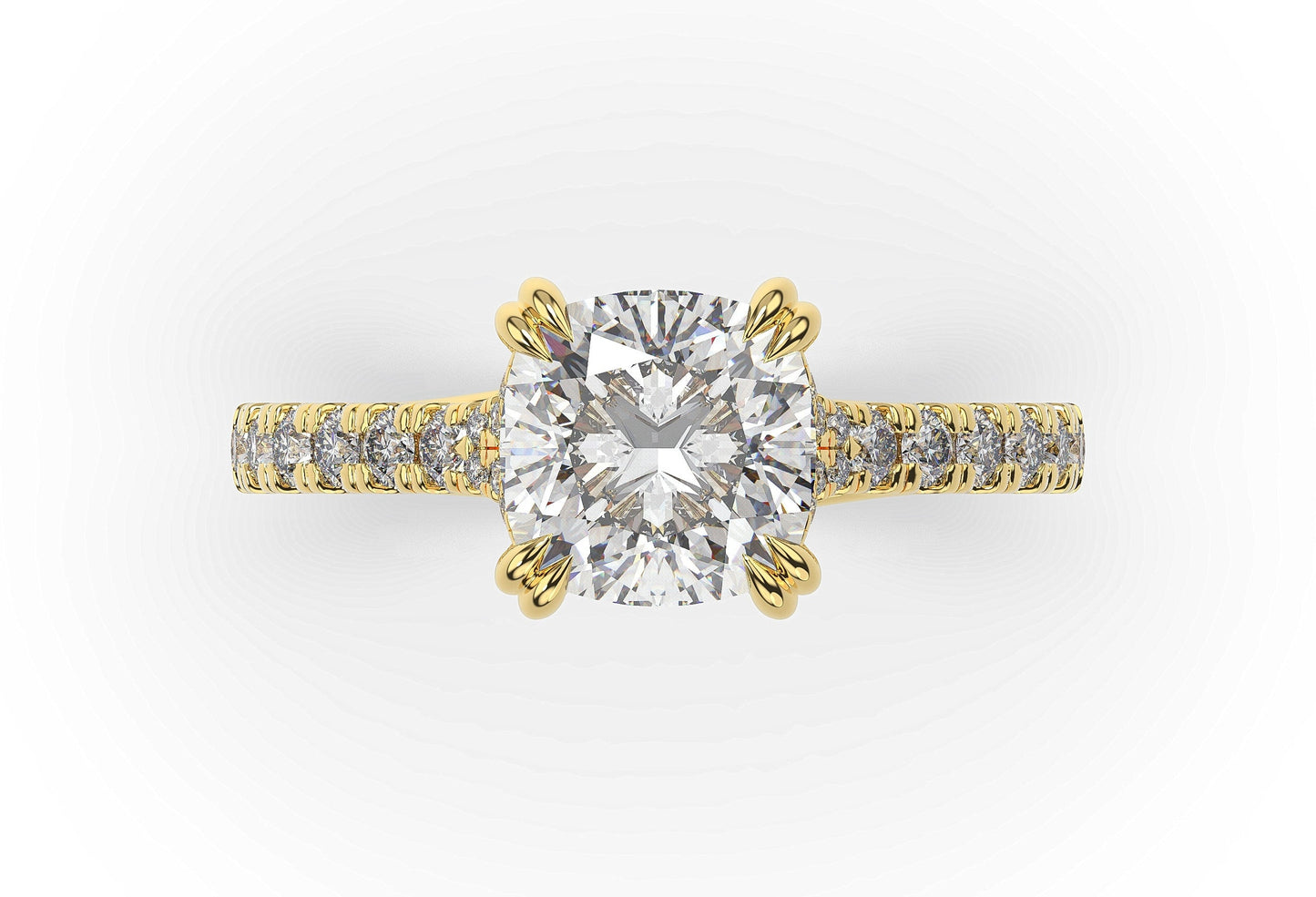 Cushion Yellow Gold Claw Set Hidden Halo Style Engagement Ring