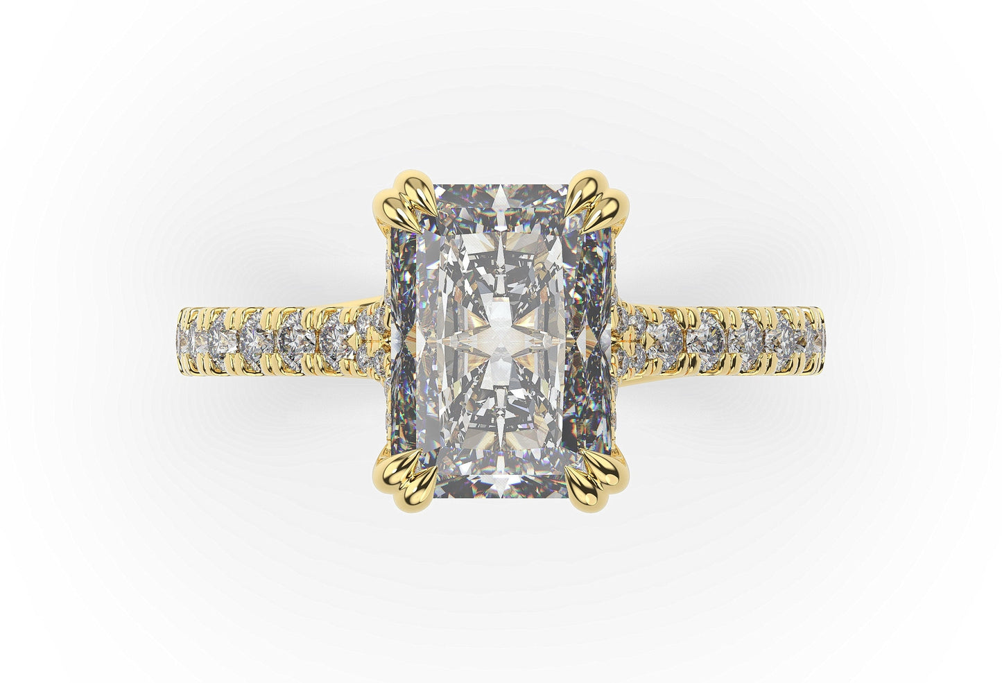 Radiant Yellow Gold Claw Set Hidden Halo Style Engagement Ring