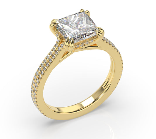 Princess Yellow Gold Double Pave Hidden Halo Style Engagement Ring