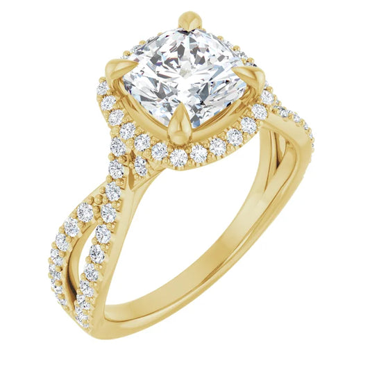 Cushion Yellow Gold Twist Band Halo Lab Diamond Engagement Ring