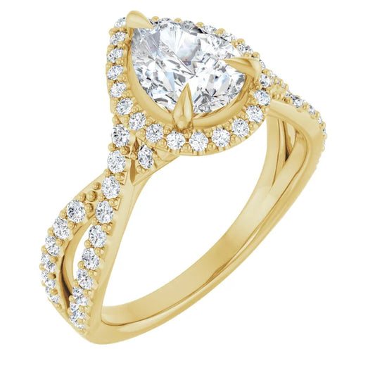 Pear Yellow Gold Twist Band Halo Lab Diamond Engagement Ring