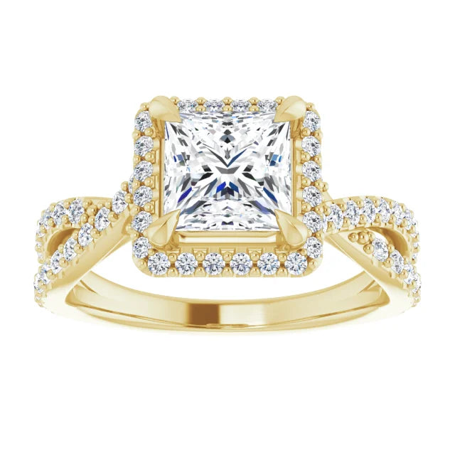 Princess Yellow Gold Twist Band Halo Lab Diamond Engagement Ring