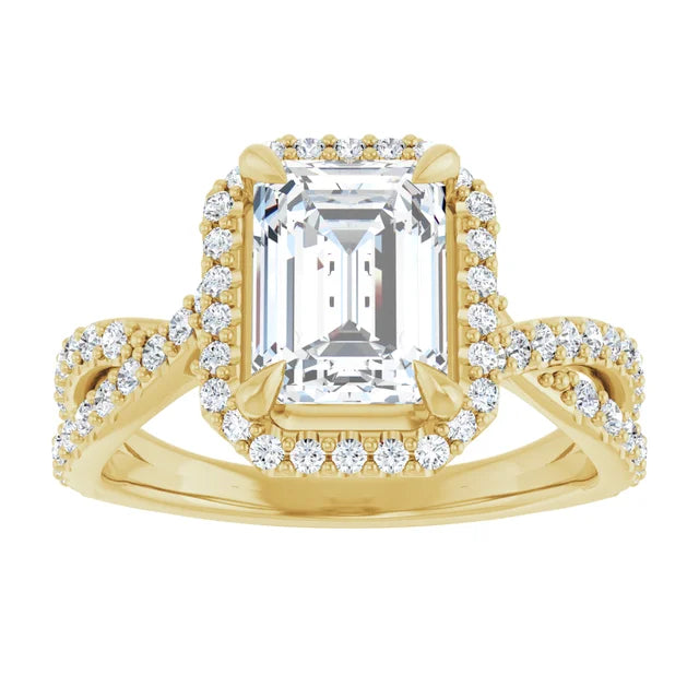 Emerald Yellow Gold Twist Band Halo Lab Diamond Engagement Ring