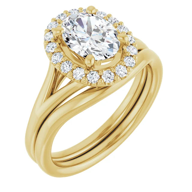Oval Yellow Gold Halo Solitaire Split Band Lab Diamond Engagement Ring