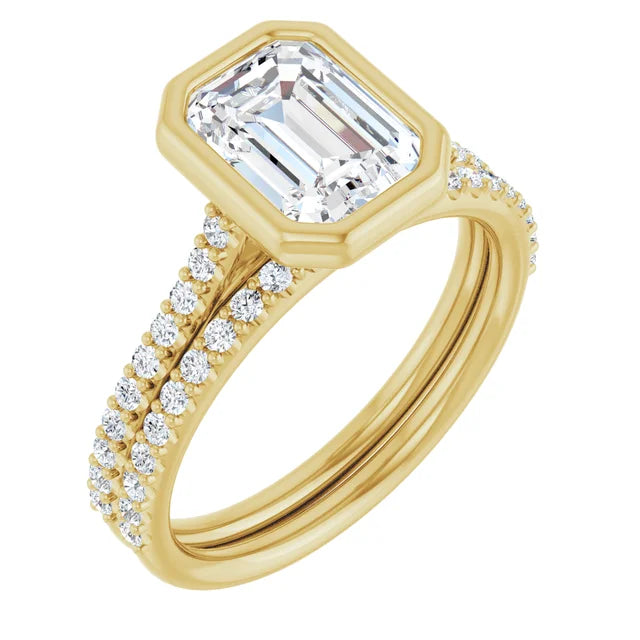 Emerald Yellow Gold Bezel Pave Lab Diamond Engagement Ring