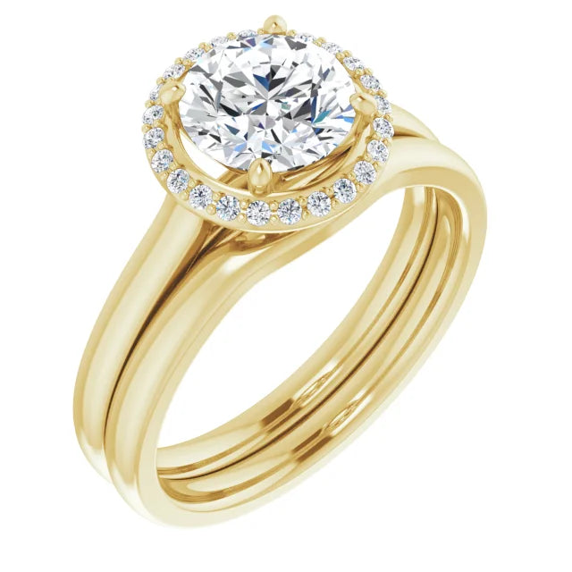Round Brilliant Halo Solitaire Lab Diamond Engagement Ring Yellow Gold.