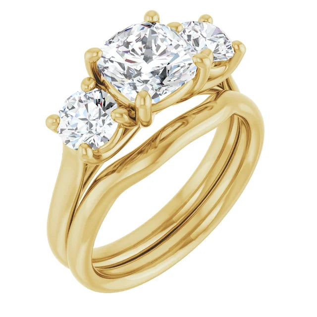 Cushion Yellow Gold Tri Stone Lab Diamond Engagement Ring