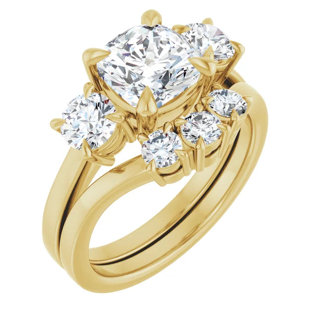 Cushion Yellow Gold Tri Stone Lab Diamond Engagement Ring