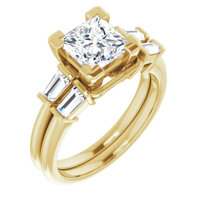 Princess Yellow Gold Baguette Accent Lab Diamond Engagement Ring