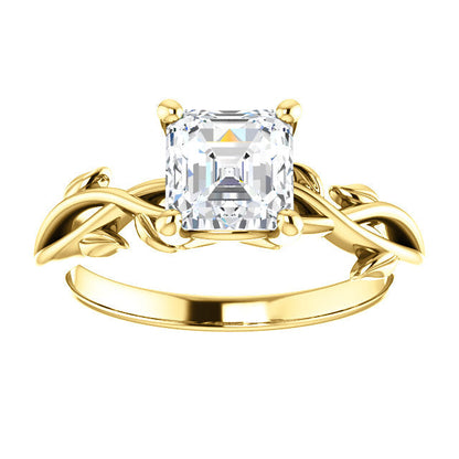 Asscher Solitaire Leaf Design Engagement Ring