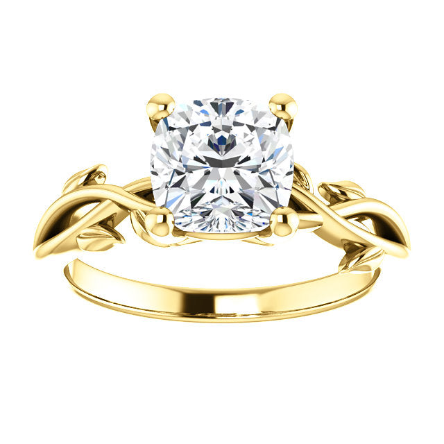 Cushion Solitaire Leaf Design Engagement Ring