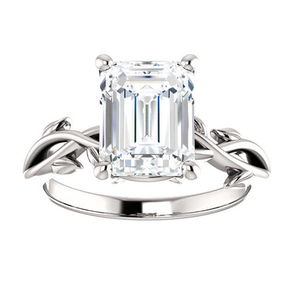 Emerald Solitaire Leaf Design Engagement Ring