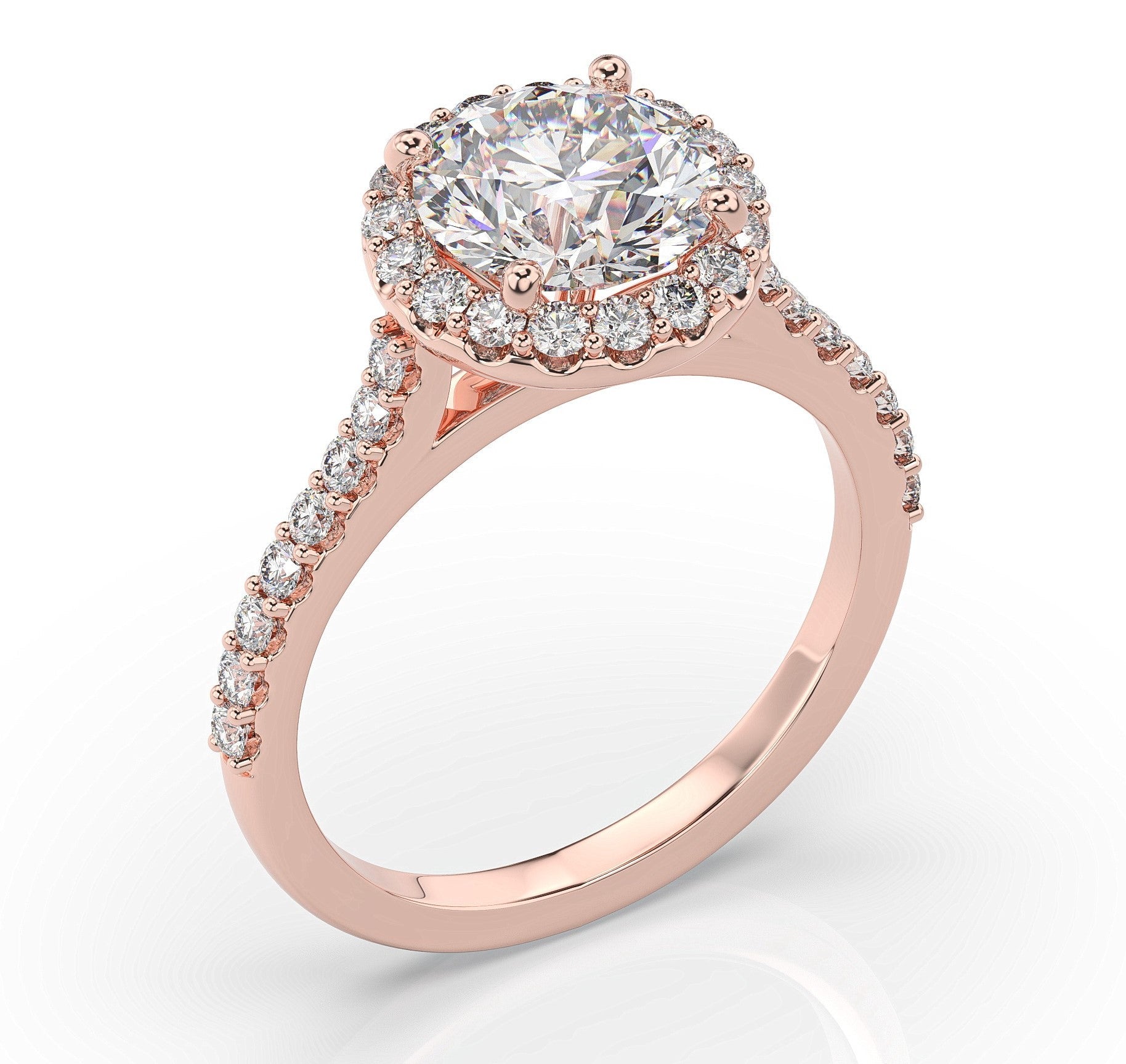 Round Brilliant Rose Gold Halo Style Engagement Ring 