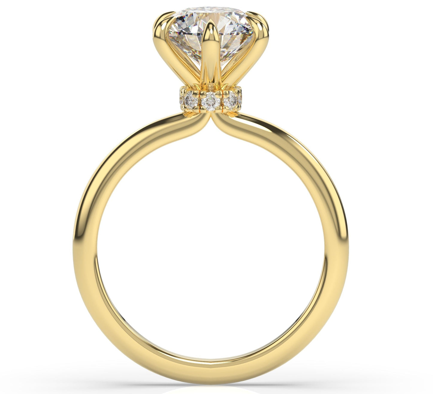 Six Claw Yellow Gold Round Brilliant Low Hidden Halo Engagement Ring