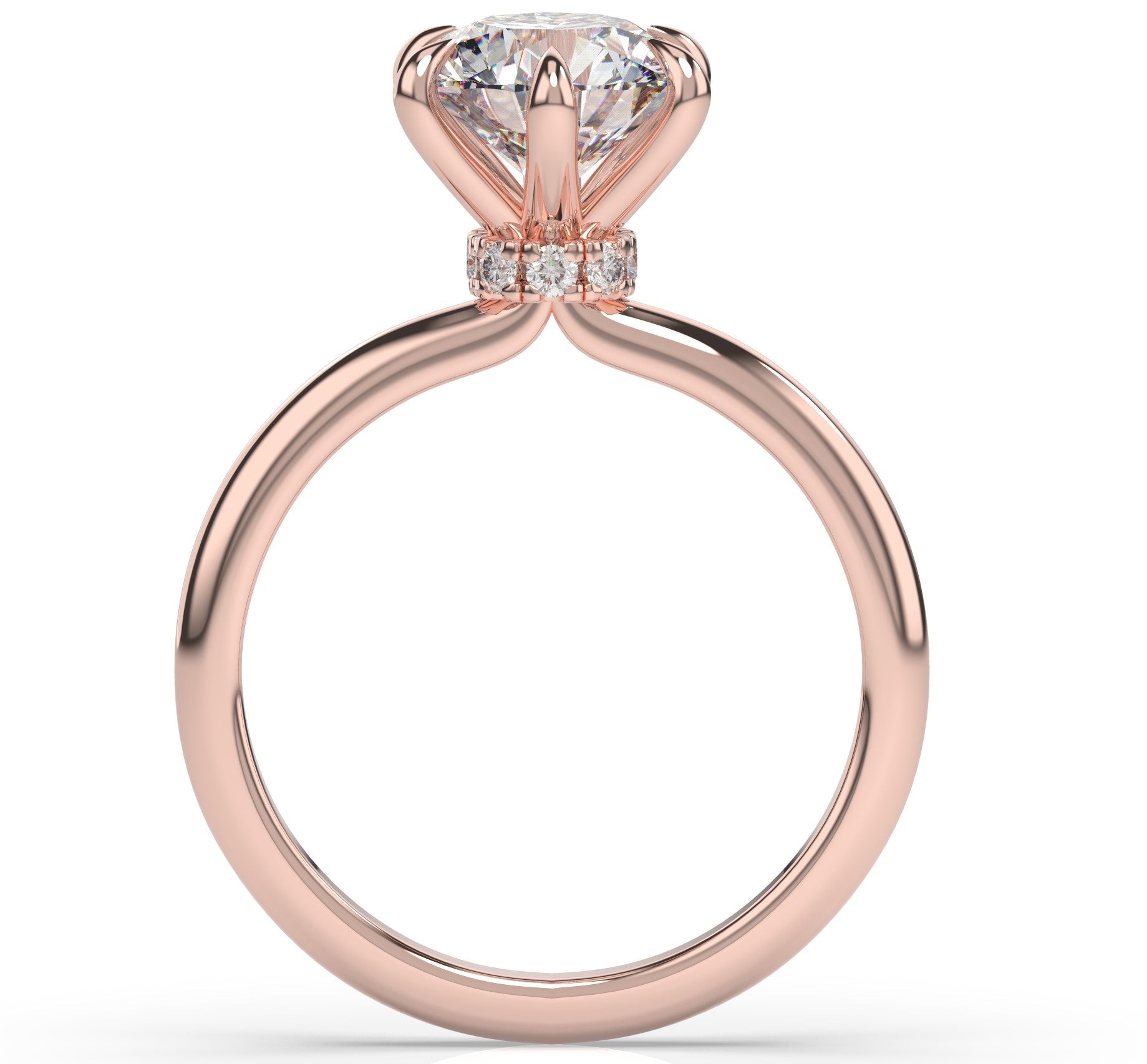 Six Claw Rose Gold Round Brilliant Low Hidden Halo Engagement Ring