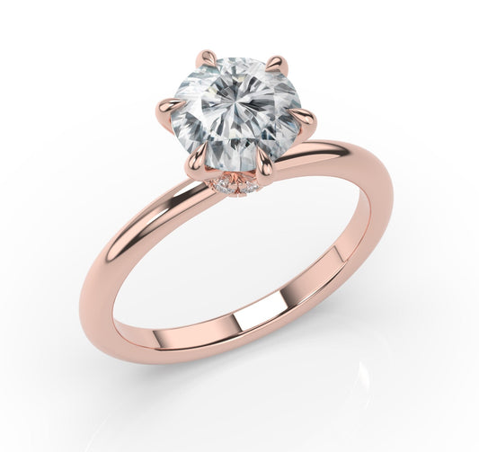 Six Claw Rose Gold Round Brilliant Low Hidden Halo Engagement Ring