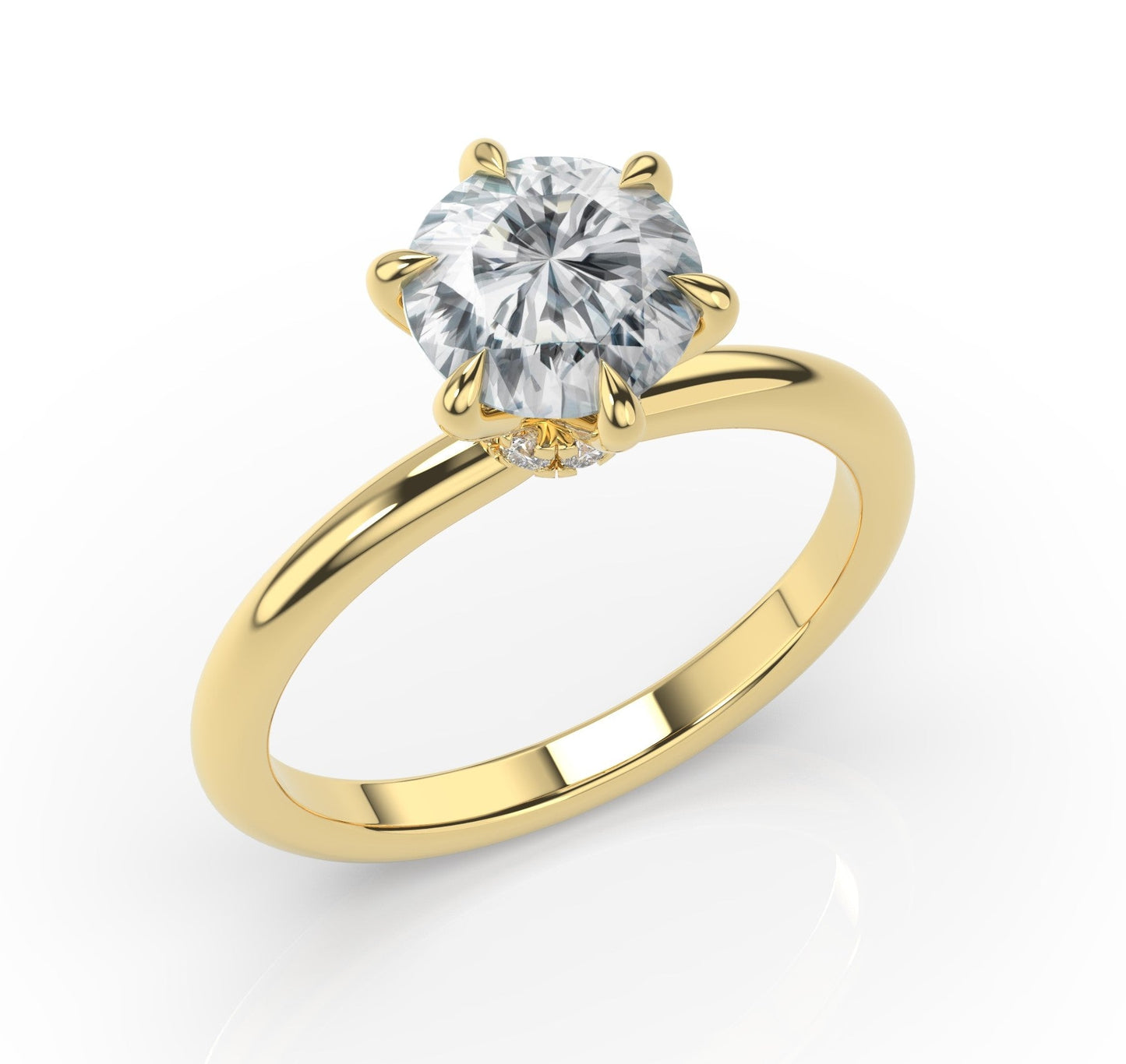 Six Claw Yellow Gold Round Brilliant Low Hidden Halo Engagement Ring
