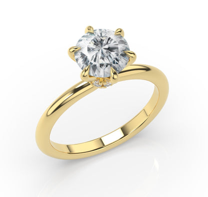 Six Claw Yellow Gold Round Brilliant Low Hidden Halo Engagement Ring