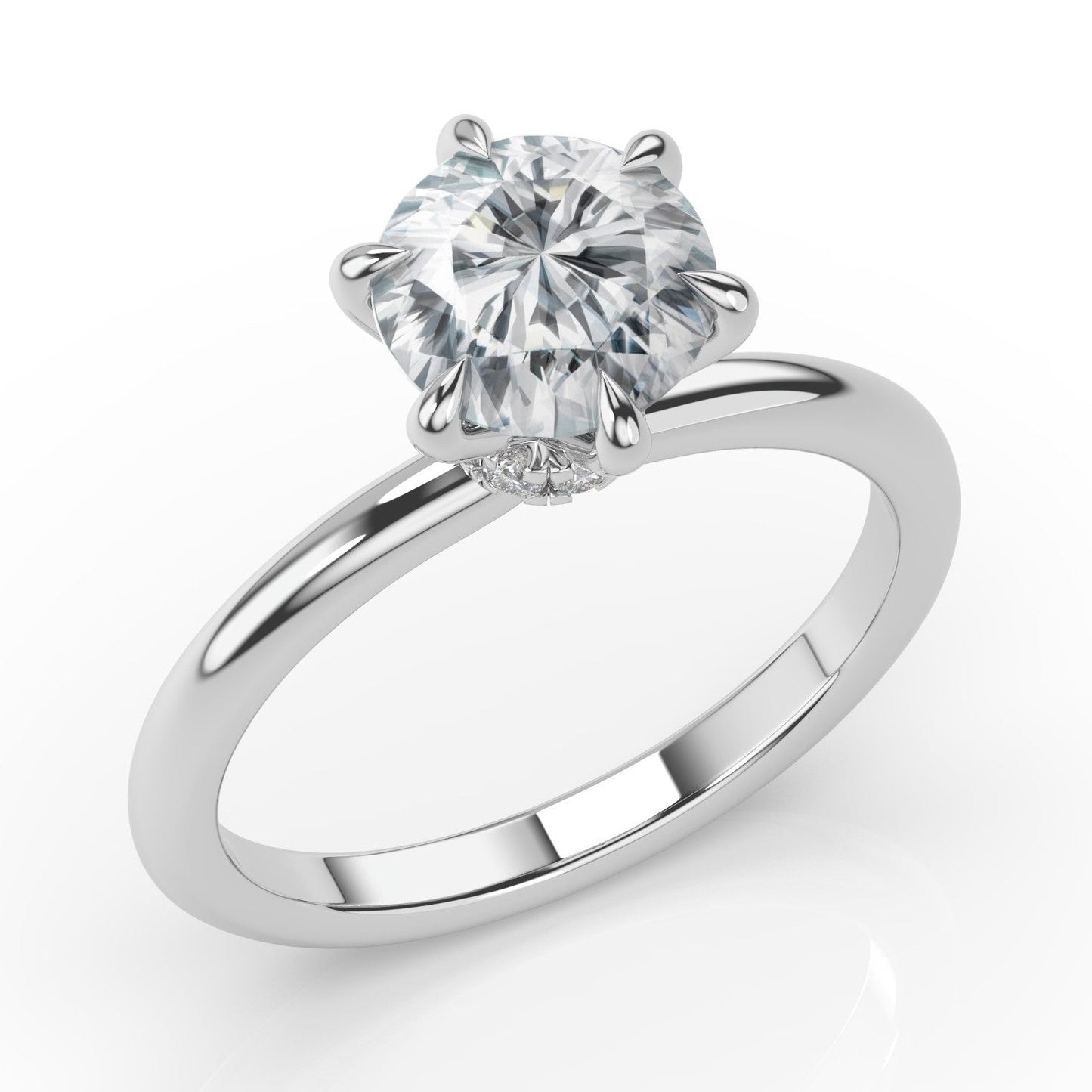 Six Claw White Gold Round Brilliant Low Hidden Halo Engagement Ring