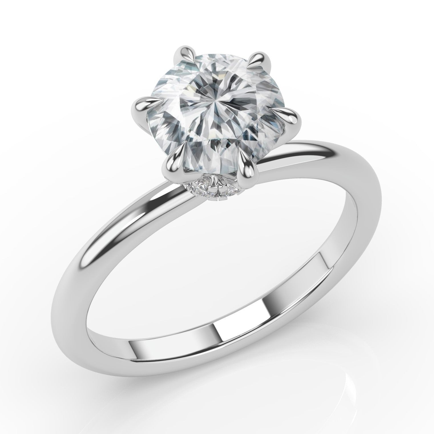 Six Claw White Gold Round Brilliant Low Hidden Halo Engagement Ring