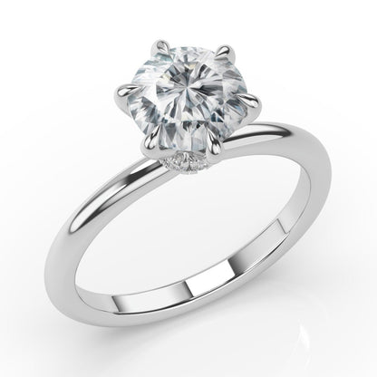 Six Claw White Gold Round Brilliant Low Hidden Halo Engagement Ring