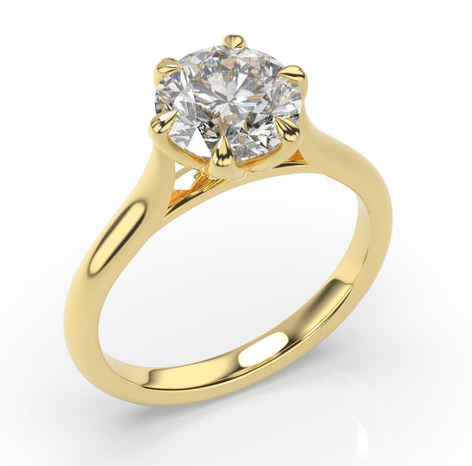Round Brilliant Yellow Gold Six Claw Solitaire Lab Diamond Engagement Ring 