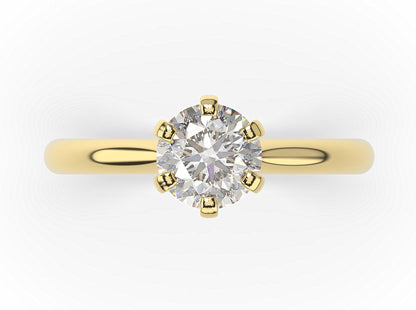 Round Brilliant Yellow Gold Six Claw Solitaire Engagement Ring
