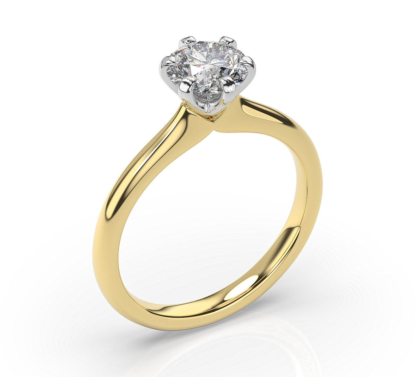 Round Brilliant White & Yellow Gold Six Claw Solitaire Engagement Ring