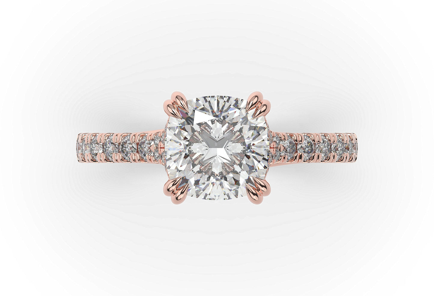 Cushion Rose Gold Claw Set Hidden Halo Style Engagement Ring