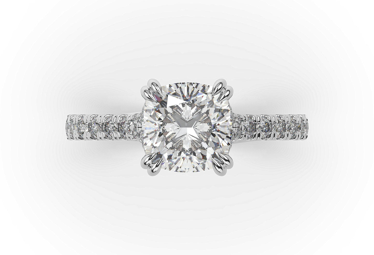 Cushion White Gold Claw Set Hidden Halo Style Engagement Ring