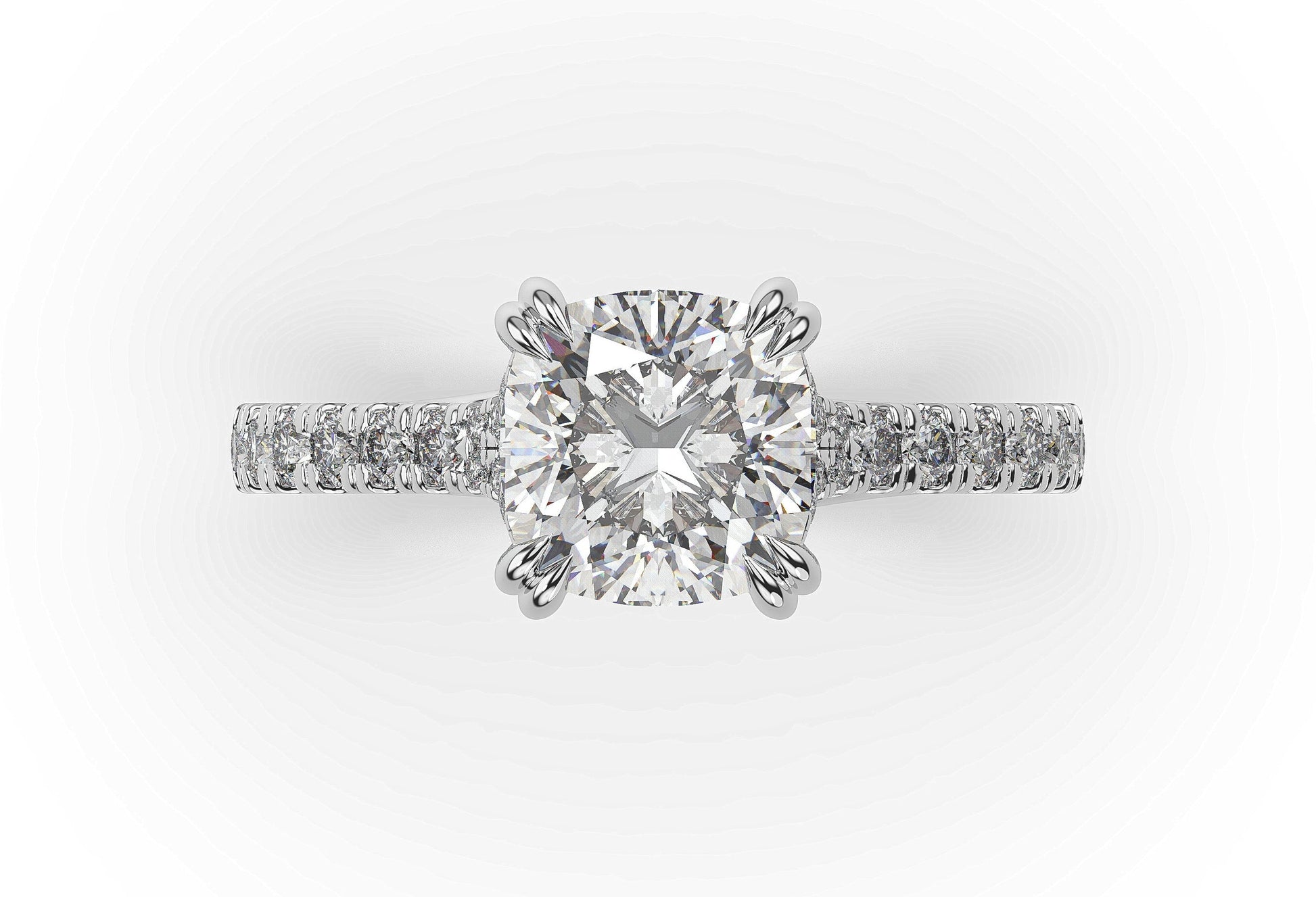 Cushion White Gold Claw Set Hidden Halo Style Engagement Ring