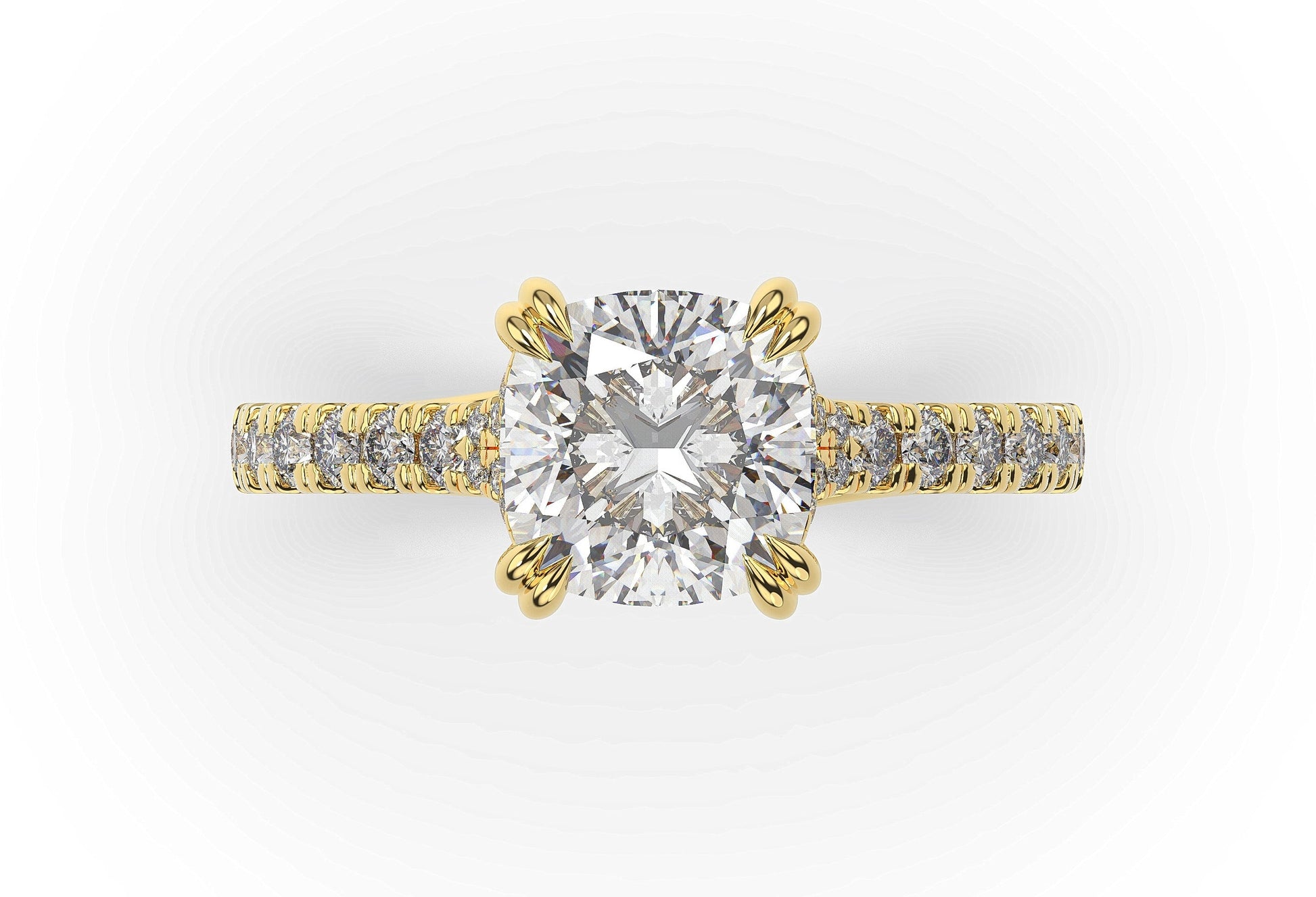 Cushion Yellow Gold Claw Set Hidden Halo Style Engagement Ring