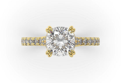 Cushion Yellow Gold Claw Set Hidden Halo Style Engagement Ring