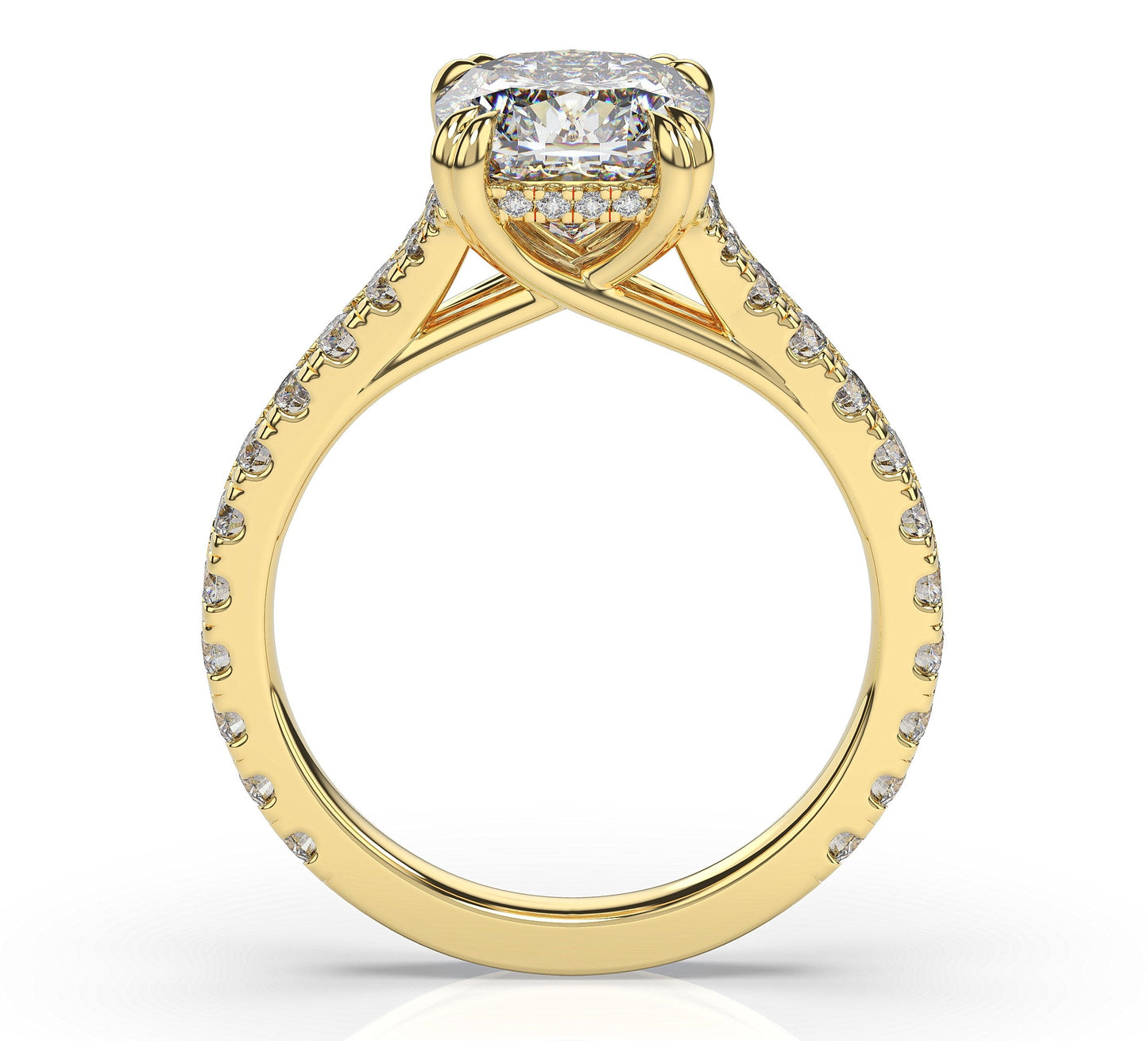 Cushion Yellow Gold Claw Set Hidden Halo Style Engagement Ring