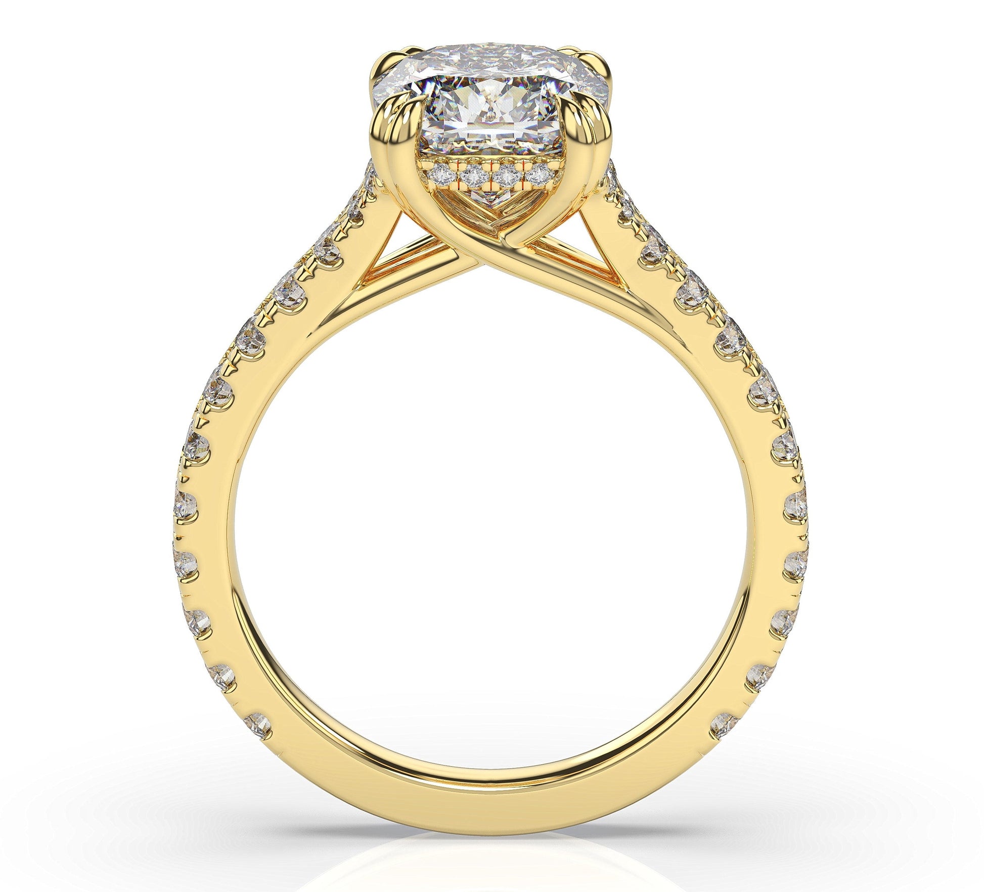 Cushion Yellow Gold Claw Set Hidden Halo Style Engagement Ring