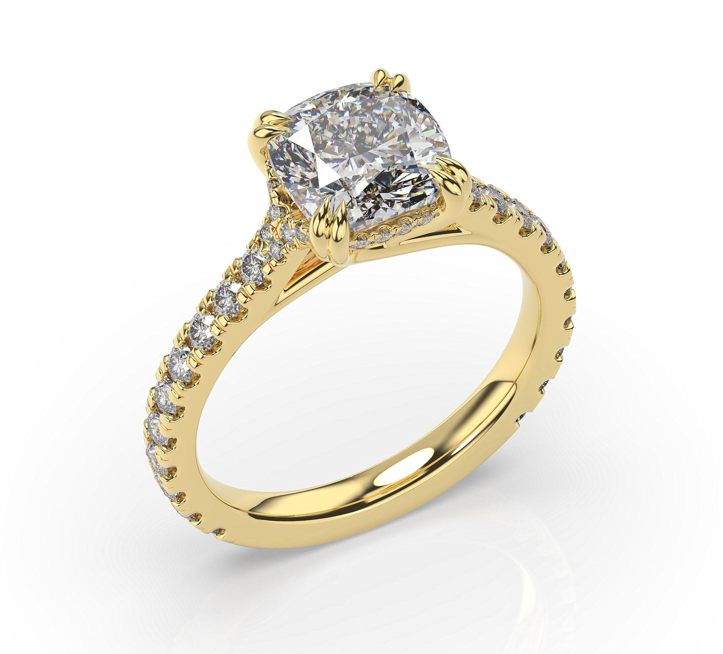 Cushion Yellow Gold Claw Set Hidden Halo Style Engagement Ring