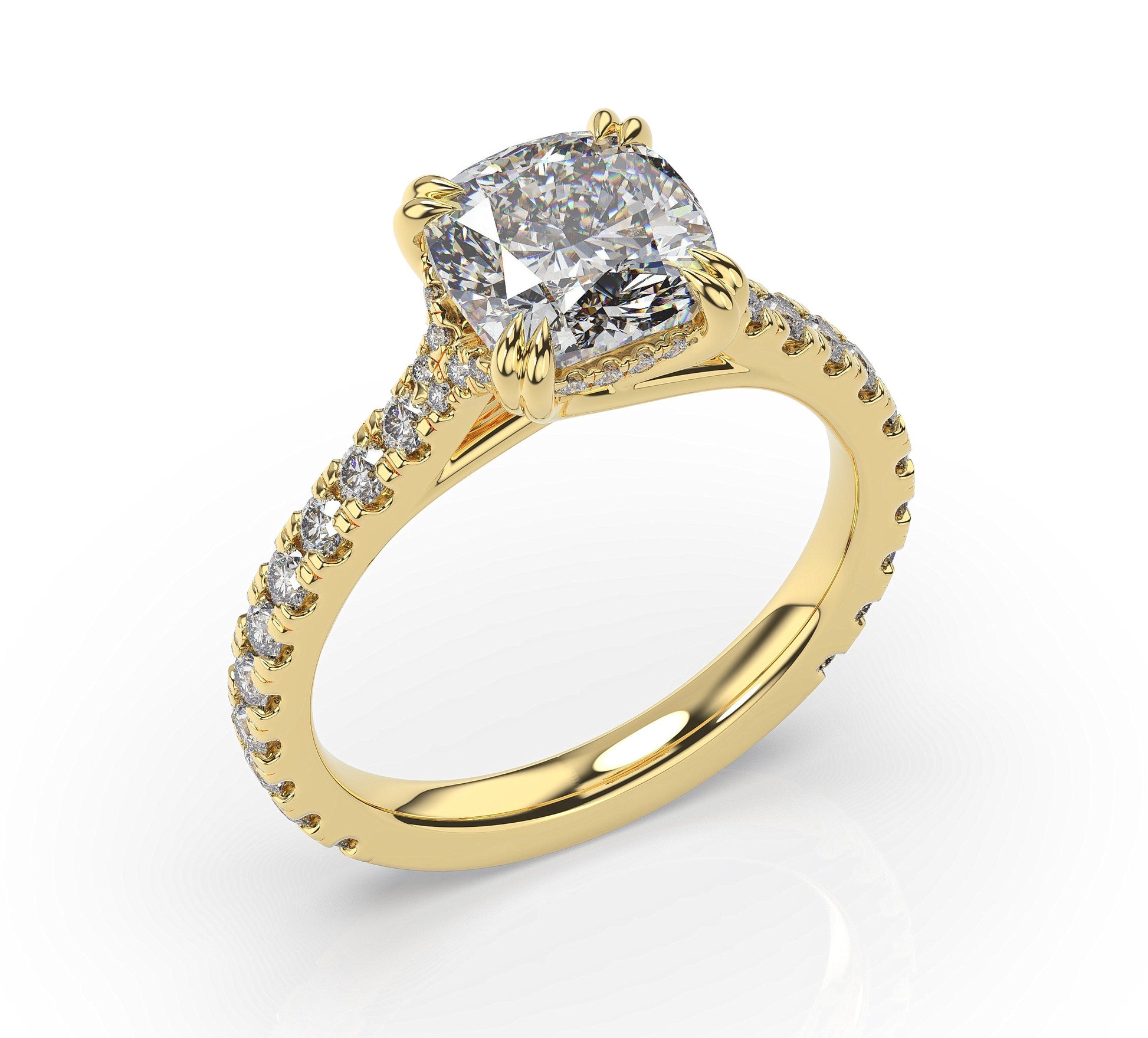 Cushion Yellow Gold Claw Set Hidden Halo Style Engagement Ring