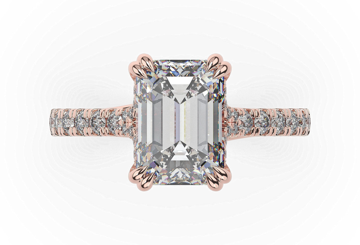 Emerald Rose Gold Claw Set Hidden Halo Style Engagement Ring
