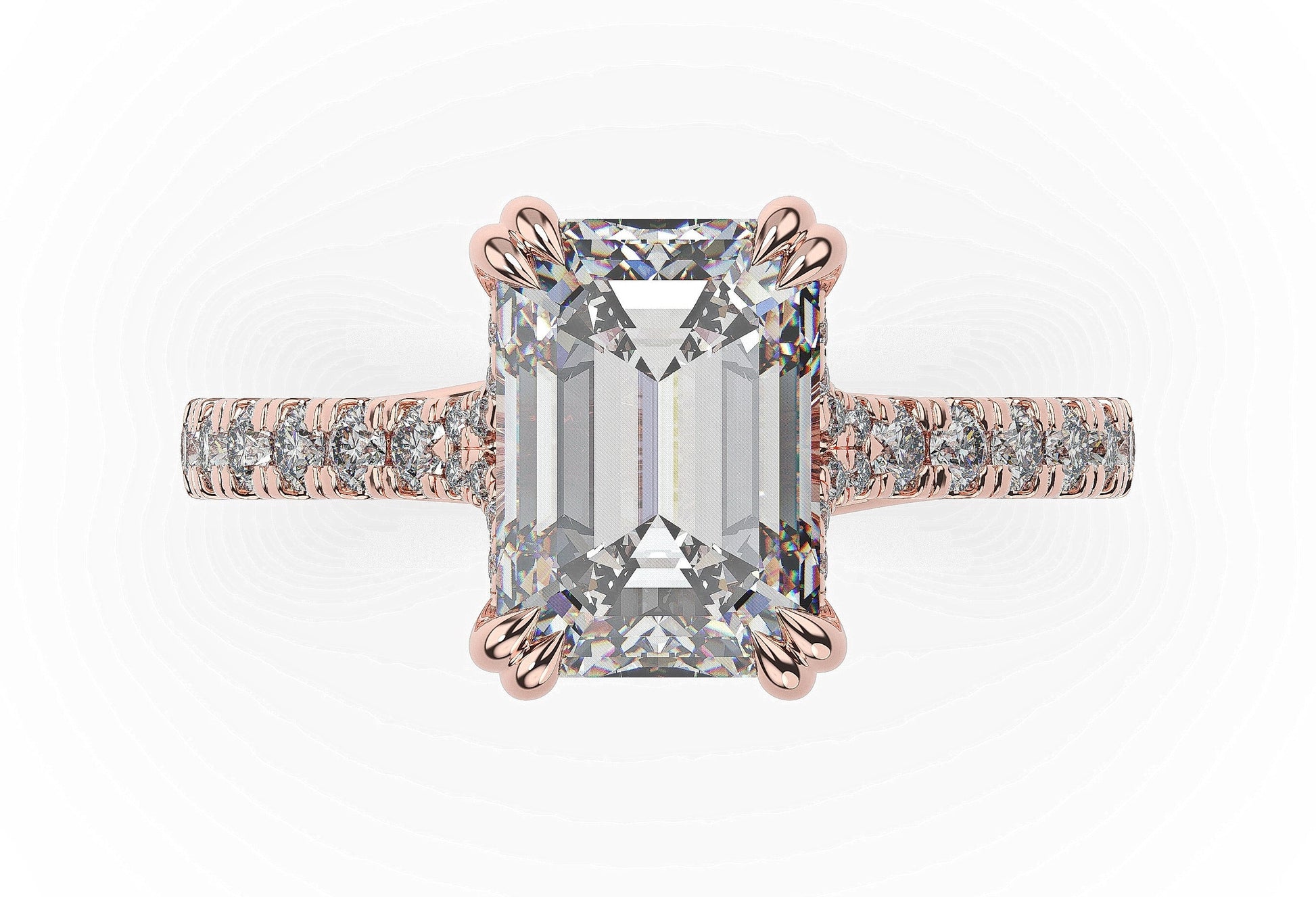 Emerald Rose Gold Claw Set Hidden Halo Style Engagement Ring