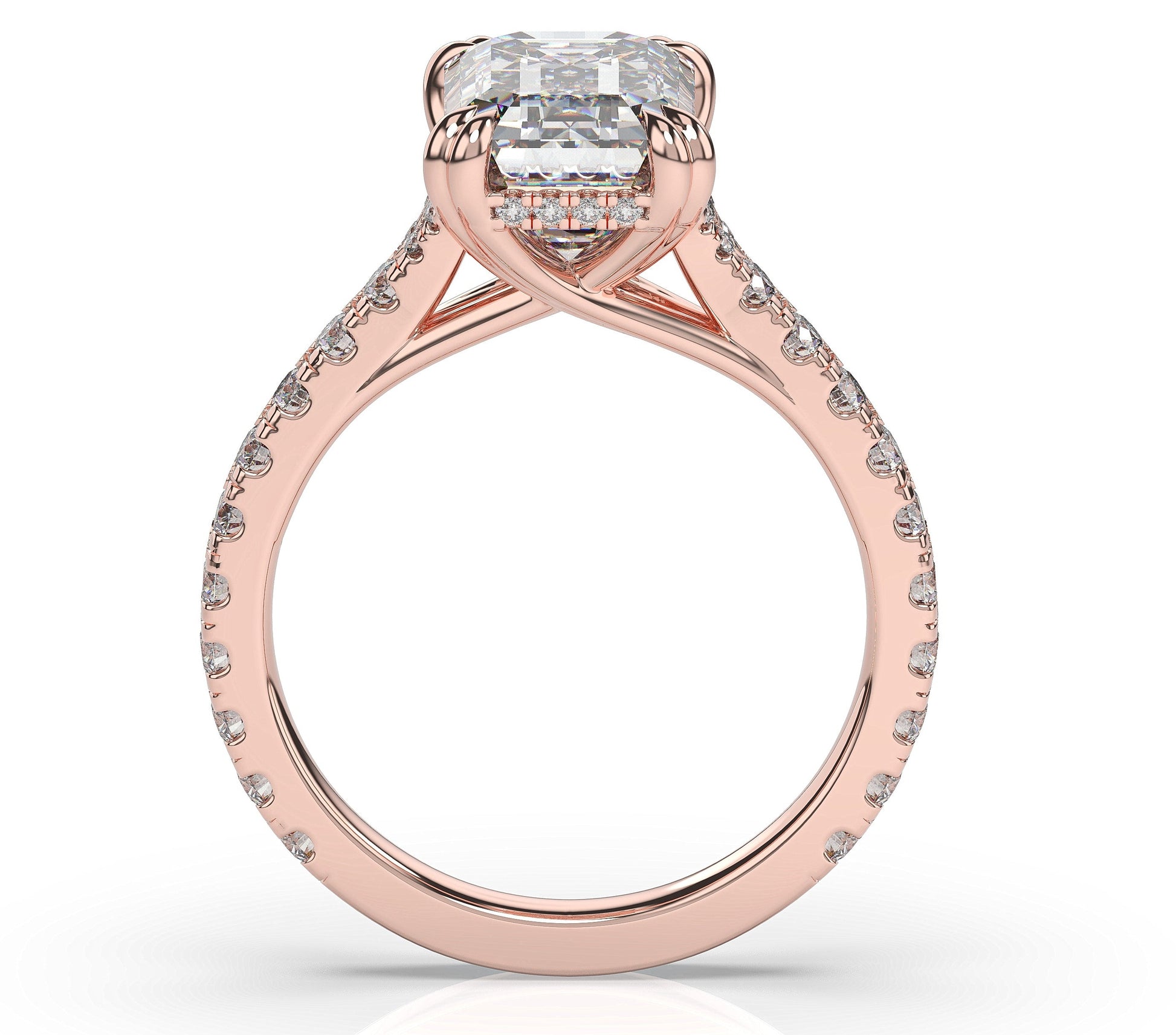 Emerald Rose Gold Claw Set Hidden Halo Style Engagement Ring