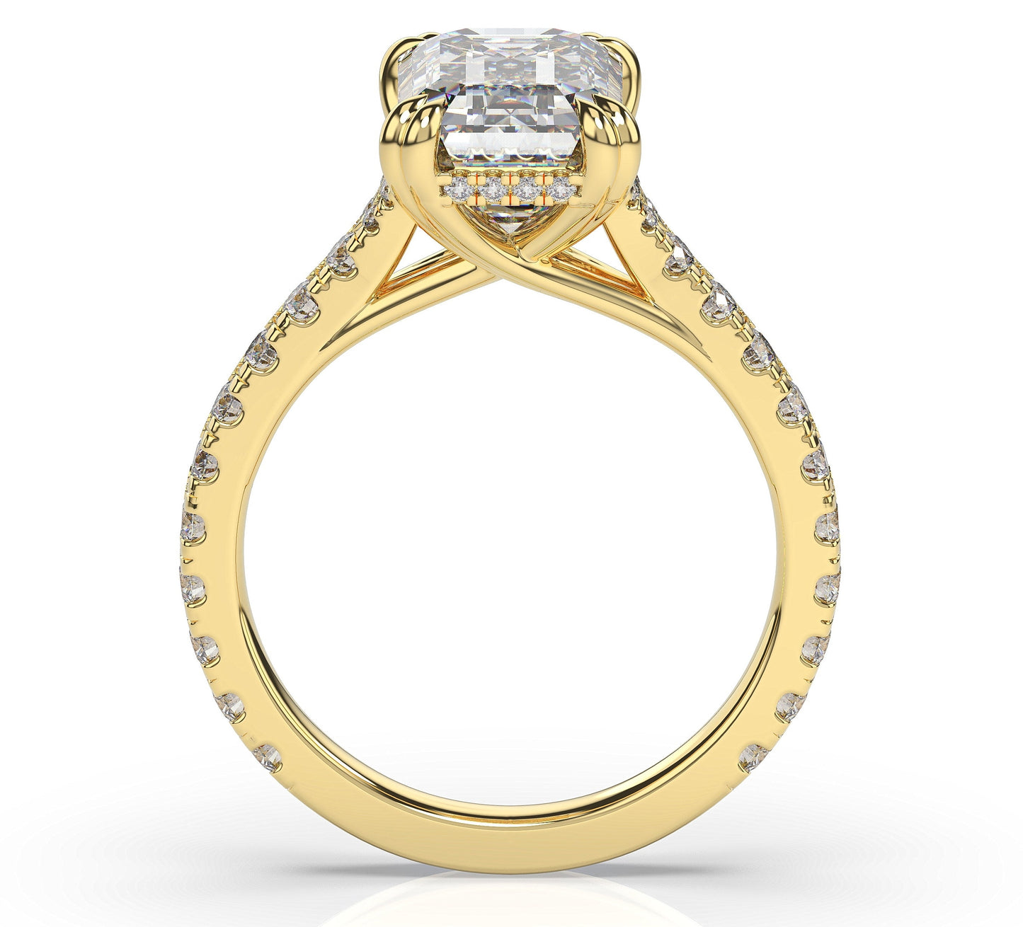 Emerald Yellow Gold Claw Set Hidden Halo Style Engagement Ring