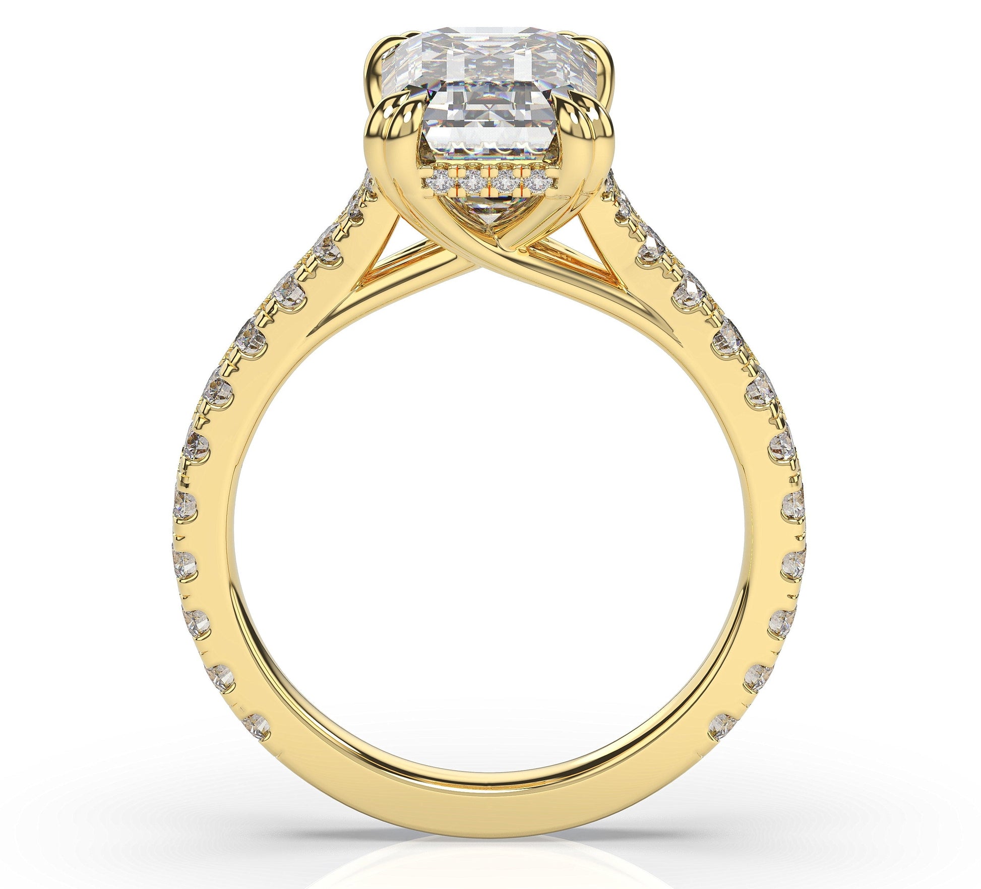 Emerald Yellow Gold Claw Set Hidden Halo Style Engagement Ring