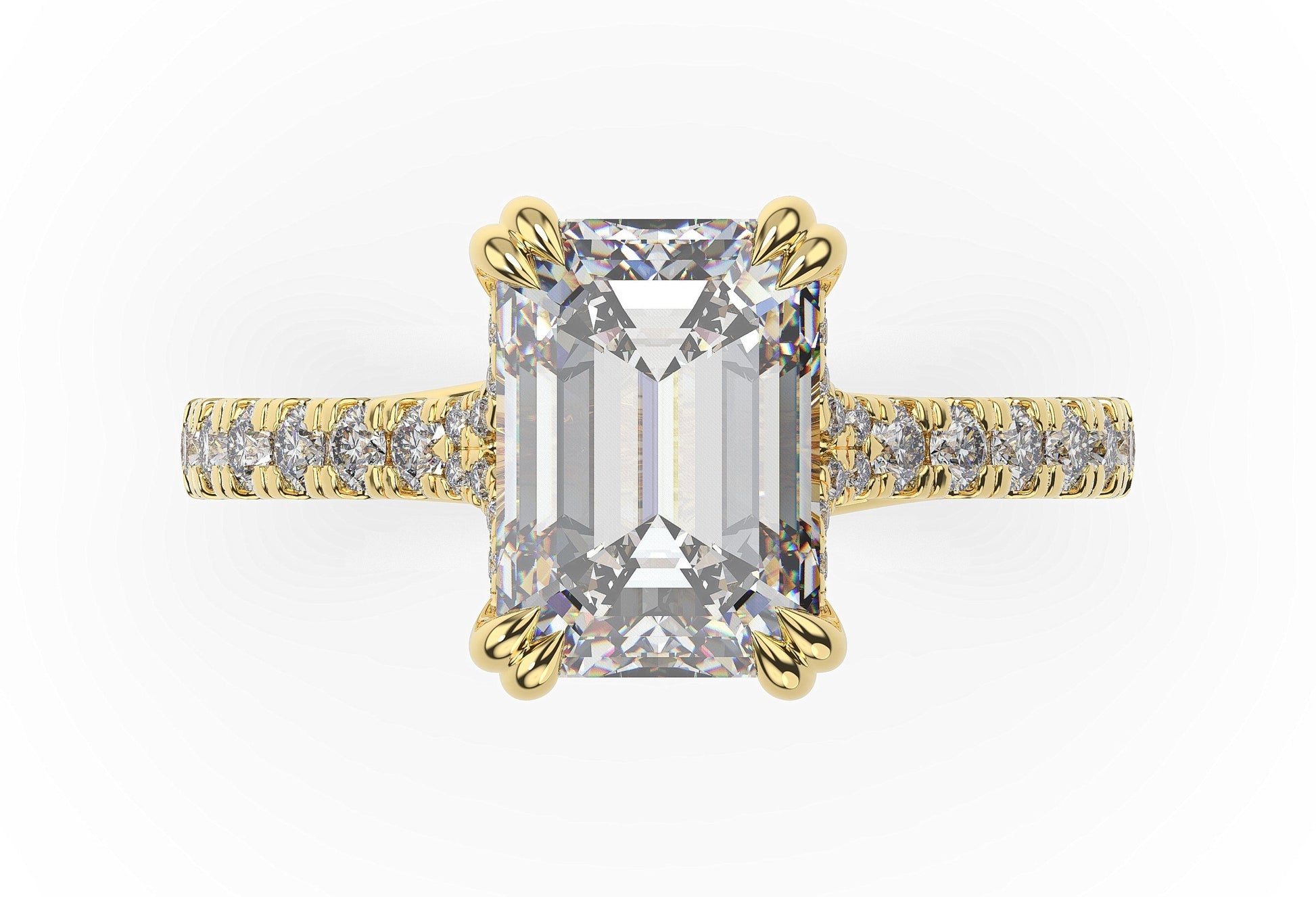 Emerald Yellow Gold Claw Set Hidden Halo Style Engagement Ring