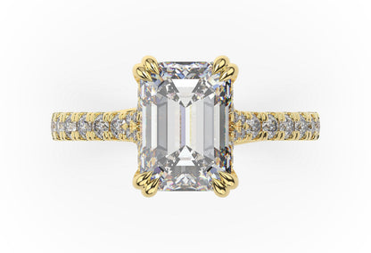 Emerald Yellow Gold Claw Set Hidden Halo Style Engagement Ring