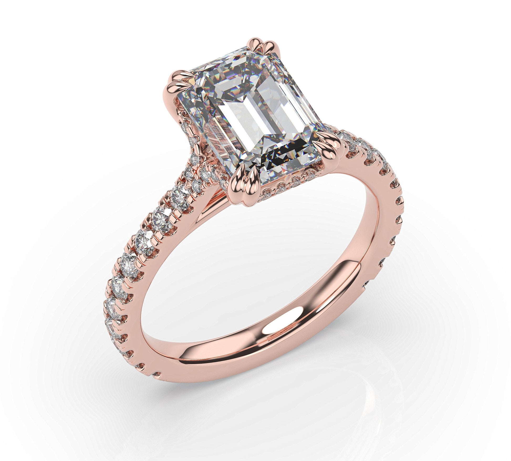 Emerald Rose Gold Claw Set Hidden Halo Style Engagement Ring