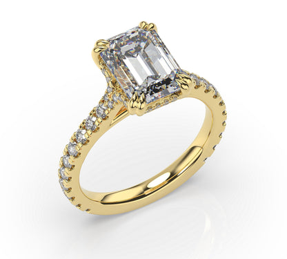 Emerald Yellow Gold Claw Set Hidden Halo Style Engagement Ring