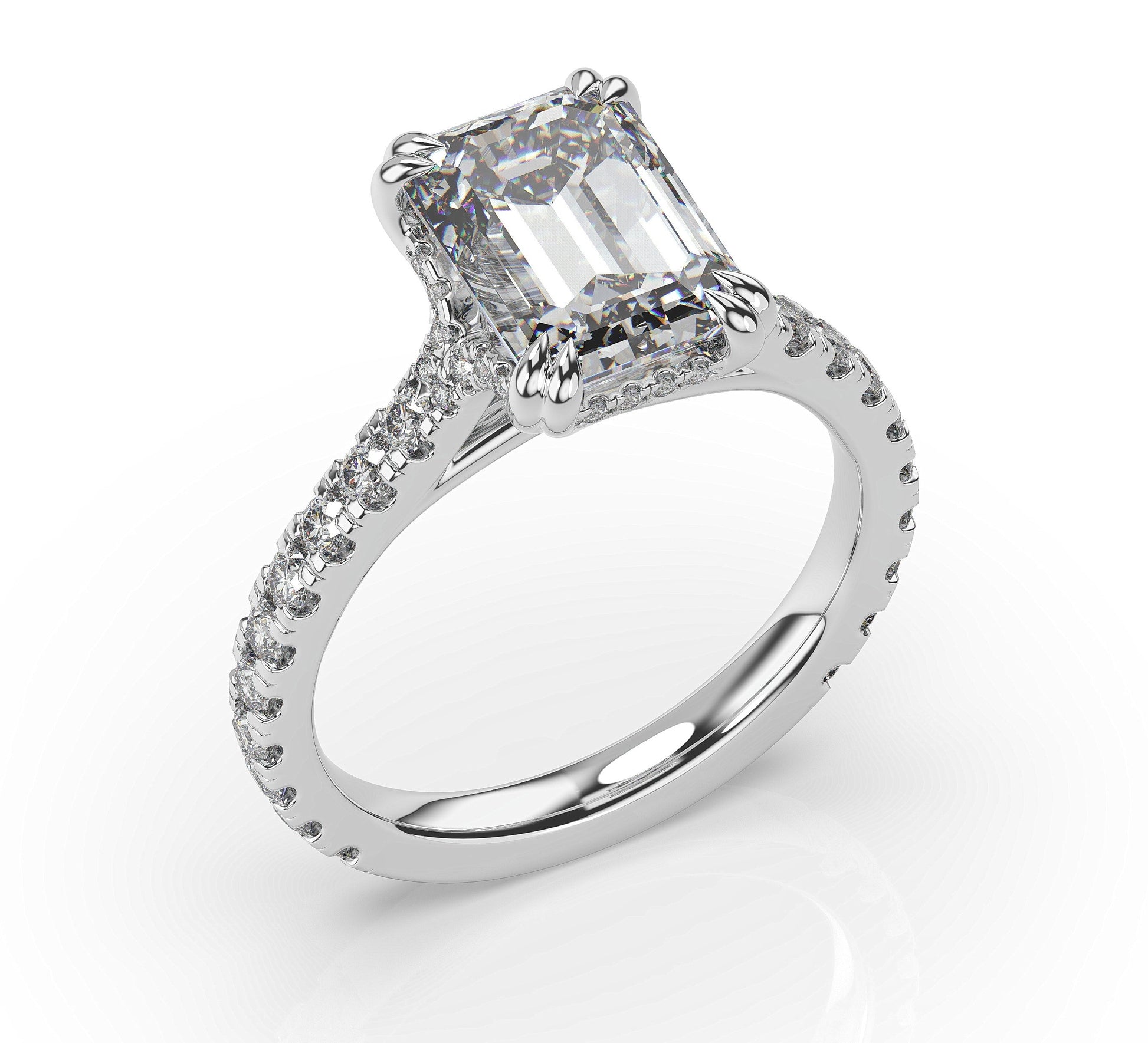 Emerald White Gold Claw Set Hidden Halo Style Engagement Ring