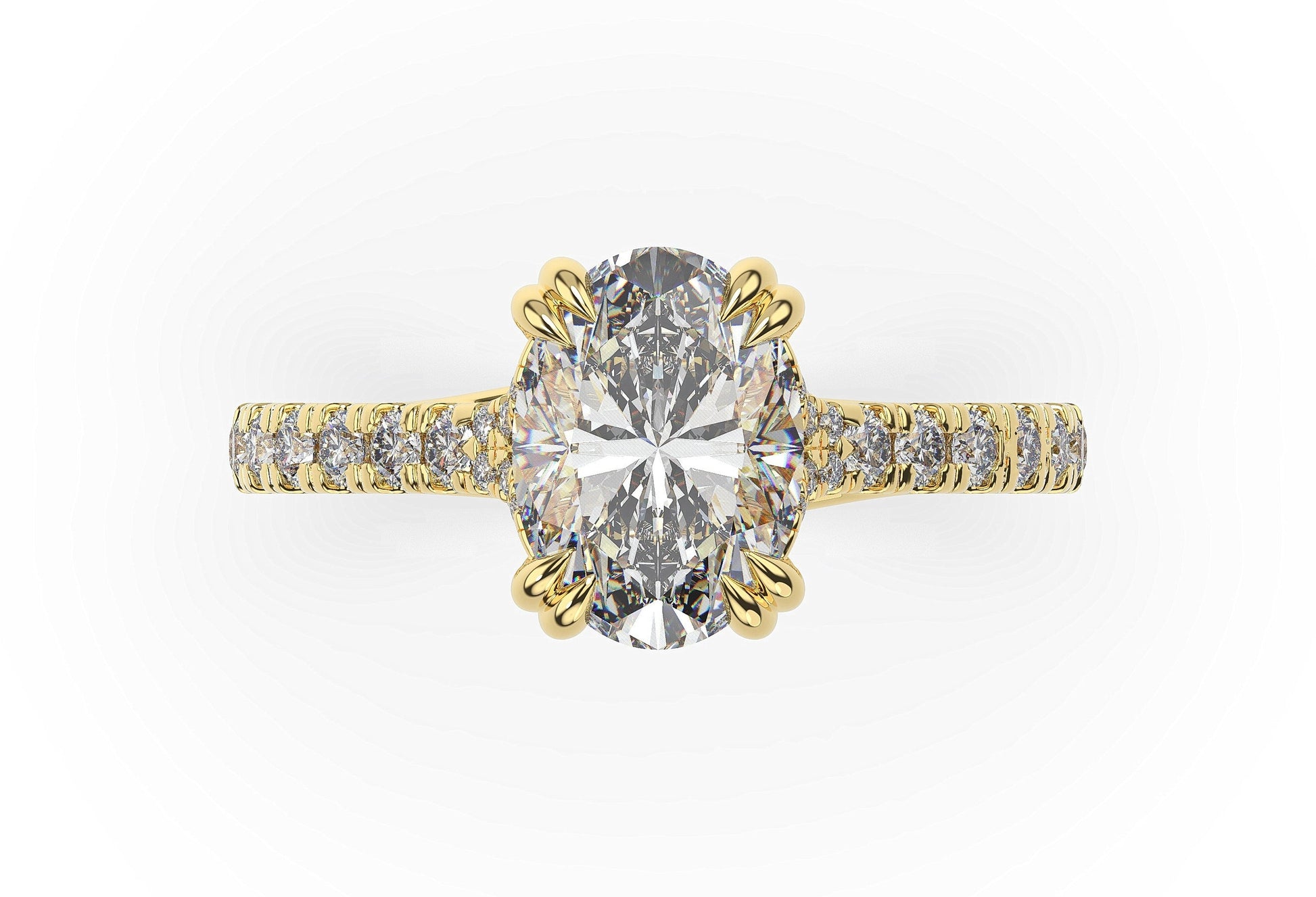 Oval Yellow Gold Claw Set Hidden Halo Style Engagement Ring