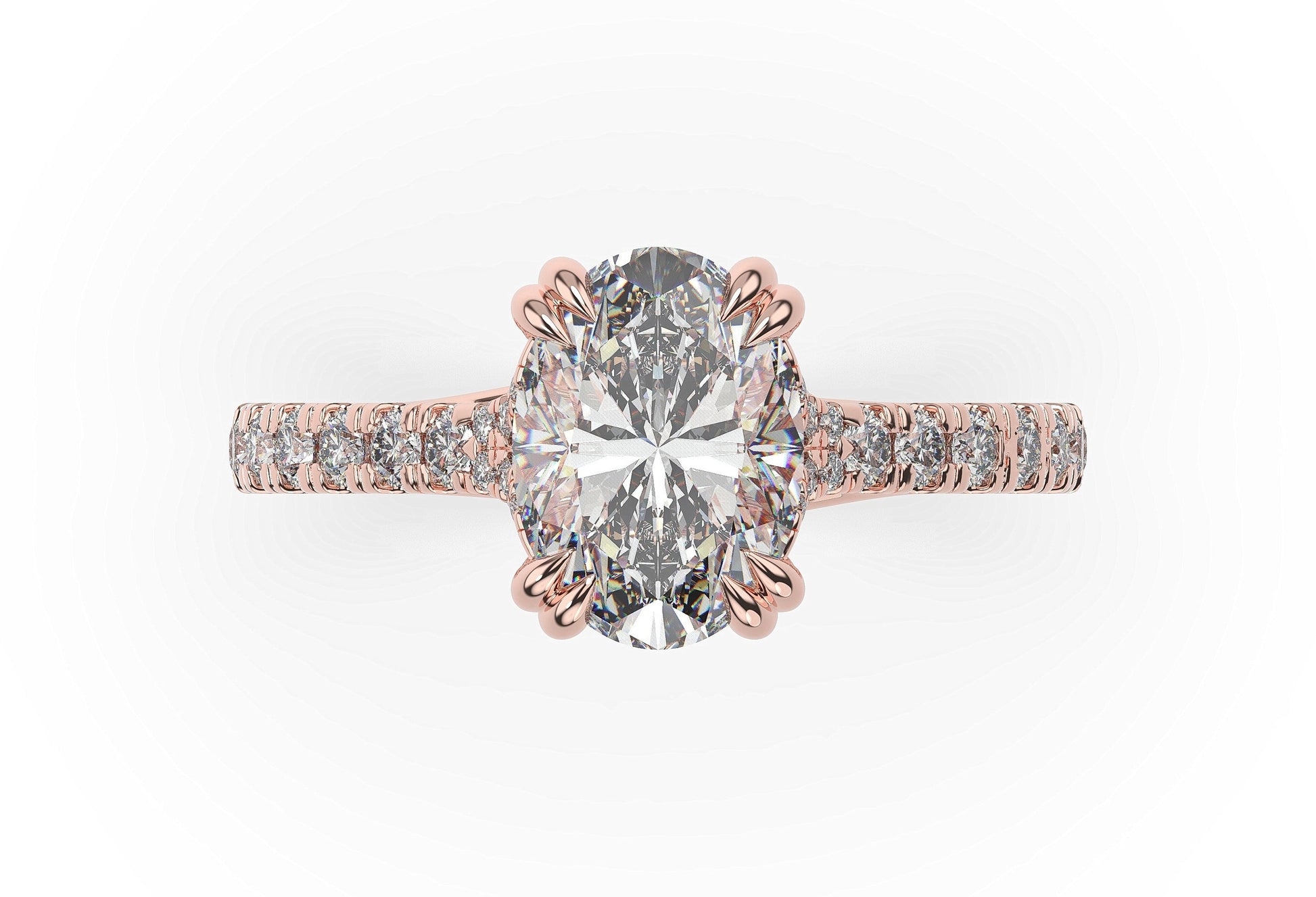 Oval Rose Gold Claw Set Hidden Halo Style Engagement Ring