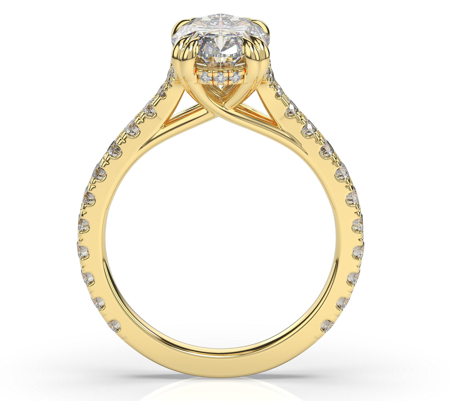 Oval Yellow Gold Claw Set Hidden Halo Style Engagement Ring